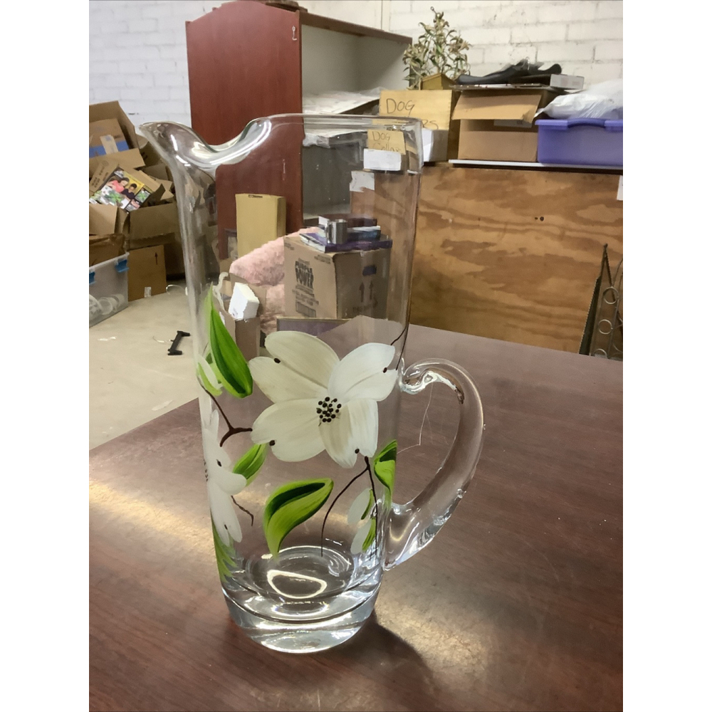 Hand Painted Tall Vintage Glass Pitcher Dogwood Unmarked